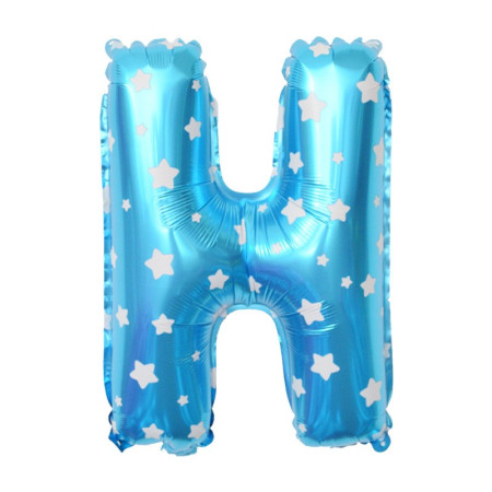 Balon Folie Metalizata Litera H, Cyrax, 40 cm, Cu Imprimeu Stelute, Umflati cu Heliu sau Aer, Ambalaj Individual, Pai inclus, Albastru