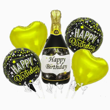 Baloane pentru aniversare, Cyrax, tematica Happy Birthday, set 5 baloane, 1 Sticla Sampanie 103 x 94 cm, 2 inimi, 2 rotunde, din folie de aluminiu, pai de carton inclus, Negru Auriu
