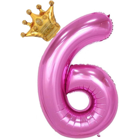Balon din Folie Metalizata Cyrax, Figurina Cifra si Coroana, Tema Aniversare 100 cm, Ambalaj Individual, Pai inclus, Umflare cu Aer sau Heliu, Roz, Cifra 6