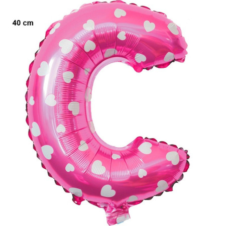 Balon Folie Metalizata Litera C, Cyrax, 40 cm, Cu Imprimeu Inimioare, Umflati cu Heliu sau Aer, Ambalaj Individual, Pai inclus, Roz