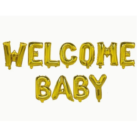 Set Baloane din Folie Metalizata, Cyrax, Model Welcome Baby, Litere de 40 cm, Baloane Party, Ambalaj Individual, Pai, Ata si Adeziv Incluse, Umflare cu Aer sau Heliu, Auriu