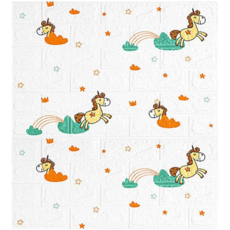 Set 10 Placi Tapet 3D,  70 x 77 cm, Grosime 3 mm, din Polietilena, Tip Caramida, Model Unicorni, Suprafata acoperita 5.3 mp, Alb