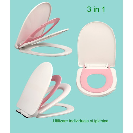 Capac de Toaleta cu Reductie 3 in 1, Cyrax, pentru Copii +3 Ani si Adulti, Coborare Lenta si Silentioasa, Instalare Usoara, din PP5 , in Forma de O, Alb/Roz