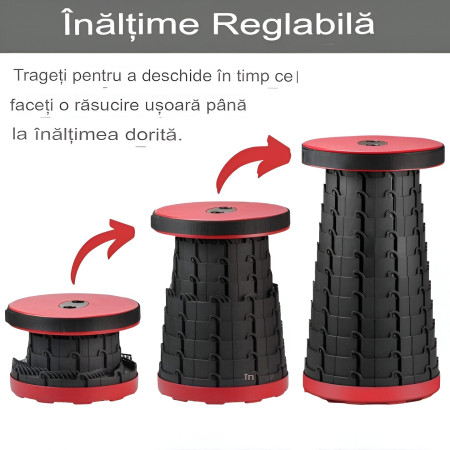 Scaun Telescopic Pliabil pentru Camping si Pescuit,  Portabil, Universal, Sustine 150 kg, ABS, Diametru 25 cm, Extensibil, Inaltime 45 cm, Rosu-Negru