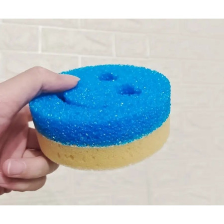 Burete de Vase, Cyrax, Rotund, din Burete PU, Model Smiley Face, Doua Fete, 10 x 4 cm, Albastru/Galben