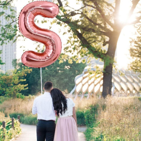 Balon Folie Metalizata Litera S, Cyrax, 80 cm, Umflati cu Heliu sau Aer, Ambalaj Individual, Pai inclus, Rose Gold