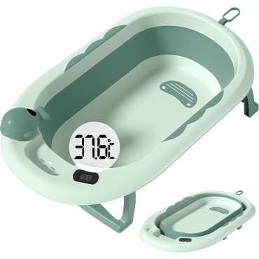 Cada de Baie, Cyrax, pentru Copii 0 luni - 6 Ani, cu Termometru, Pliabila, Perna Suport Inclusa, din Plastic, 81.5 x 49 x 21.5 cm, Verde