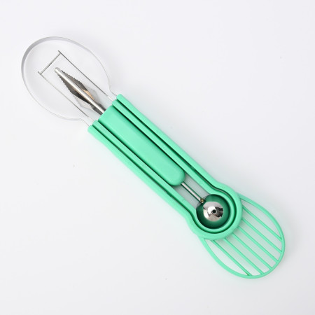 Ustensila bucatarie 4 in 1 pentru taiat si decorat fructe Cyrax, material inox si plastic, compact, 28x6.2 cm, verde