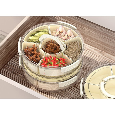 Cutie de Depozitare pentru Alimente, Cyrax, cu 6 Compartimente, pentru Condimente, Fructe, Legume, cu Manere de Prindere, Rotativa 360 de Grade, Inchidere Ermetica, 32x10 cm, Alba
