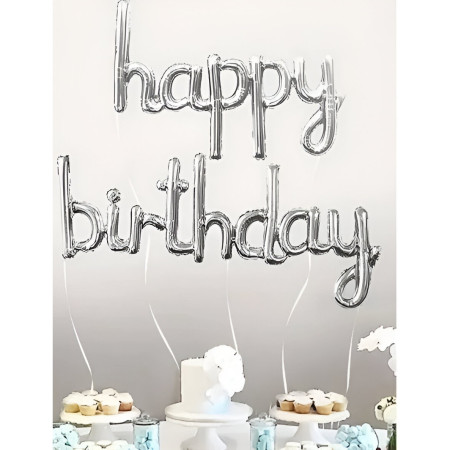 Set Baloane din Folie Metalizată, Cyrax, Model Happy Birthday, 45x85 cm, 45x124cm, Baloane Party, Ambalaj Individual, Pai inclus, Umflare cu Aer sau Heliu, Argintiu