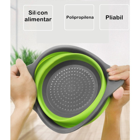 Set 2 strecuratori pliabile din silicon alimentar Cyrax, cu manere, fund antiaderent si antialunecare, rotunda, doua dimensiuni, usor de depozitat, compatibil cu masina de spalat vase, verde