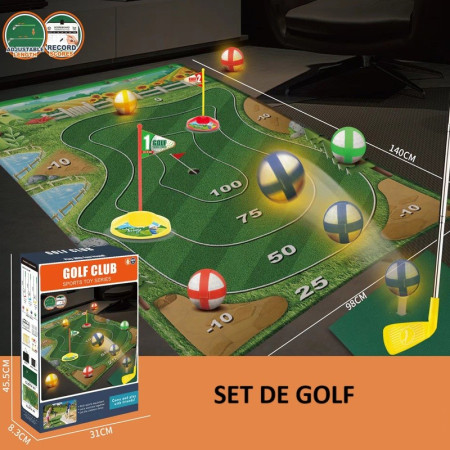 Set de Golf, Cyrax, Interactiune Parinte-Copil, Covor de Golf, 140 x 98 cm, 4 Mingii cu Scai, 3 Crose Reglabile, Model A, +3 Ani, Multicolor