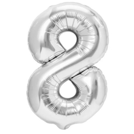 Balon din Folie Metalizata, Cyrax, Figurina Cifra, Tema Aniversare 100 cm, Ambalaj Individual, Pai inclus, Umflare cu Aer sau Heliu, Argintiu, Cifra 8