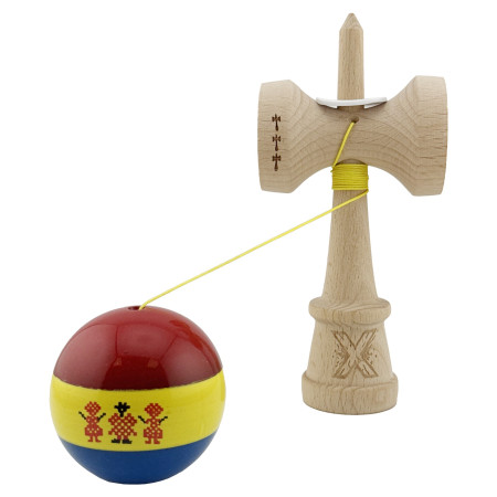 Kendama X Originala, Profesionala, Cyrax, Tricolor Edition Stil Romanesc, Super Sticky cu Cupe Mari KING SIZE V3, Rulment Metalic si Gaura in Baza, din Lemn 18 cm, Ata 62/65 cm, Multicolor