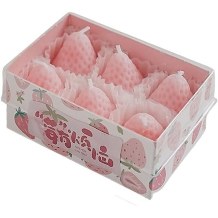 Set 6 Lumanari Parfumate,  Model Capsunici, Ardere 30 min, 78g, 6.3 x 9.3 x 3.8 cm, Roz