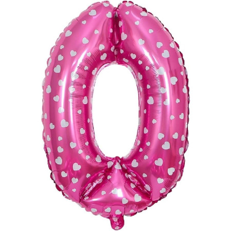 Balon din Folie Metalizata Cyrax, Figurina Cifra, Imprimeu Inimi, Tema Aniversare 80 cm, Ambalaj Individual, Pai inclus, Umflare cu Aer sau Heliu, Roz, Cifra 0