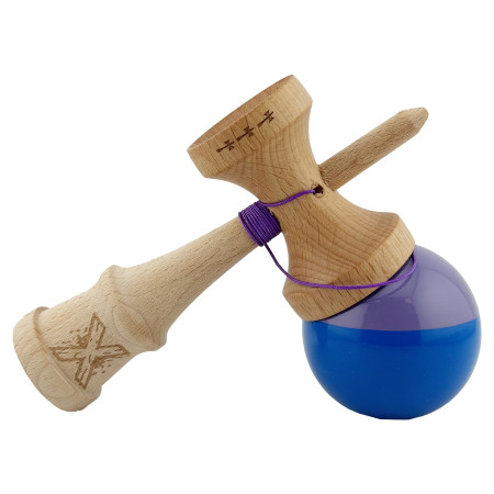 Kendama X Originala, Profesionala, Cyrax, Big Cups V2, Super Sticky cu Cupe Mari, Rulment Metalic, din lemn 18 cm, Ata 55 cm, Mov/Albastru