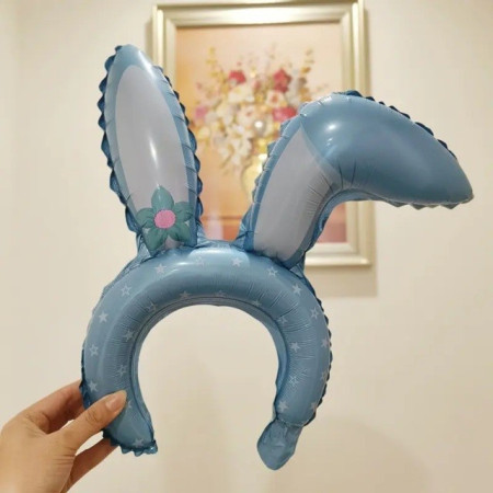 Balon din Folie Metalizata, Cyrax, Tip Coronita cu Urechi, Model Iepure, Ambalaj Individual, Pai Inclus, Umflare cu Aer sau Heliu, 38 x 45 cm, Albastru