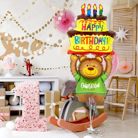 Balon din Folie Metalizata, Cyrax, Figurine Animalute, Model Ursulet cu Tort Aniversar, 124x65 cm, Ambalaj Individual, Pai Inclus, Umflare cu Aer sau Heliu, Multicolor
