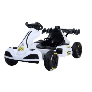 Masinuta Electrica Cyrax, Tip Kart, cu Telecomanda, Dimensiune Reglabila, 2 Viteze, Sistem de Lumini si Sunet, Pentru Copii intre 1.2 - 1.6 Inaltime, 105 x 55 x 50 cm, Alb