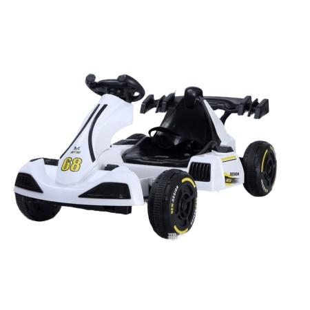 Masinuta Electrica Cyrax, Tip Kart, cu Telecomanda, Dimensiune Reglabila, 2 Viteze, Sistem de Lumini si Sunet, Pentru Copii intre 1.2 - 1.6 Inaltime, 105 x 55 x 50 cm, Alb