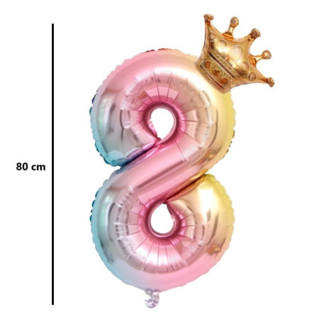 Balon din Folie Metalizata, Cyrax, Figurina Cifra Gradient, Tema Aniversare 80 cm, Ambalaj Individual, Pai inclus, Umflare cu Aer sau Heliu, Coronita, Cifra 8