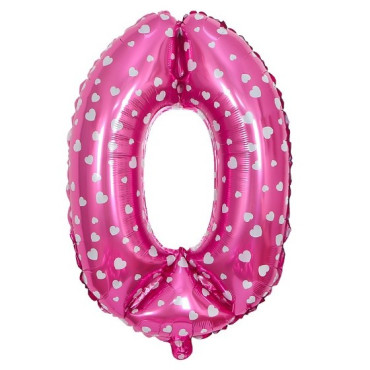 Balon din Folie Metalizata Cyrax, Figurina Cifra, Imprimeu Inimi, Tema Aniversare 80 cm, Ambalaj Individual, Pai inclus, Umflare cu Aer sau Heliu, Roz, Cifra 0