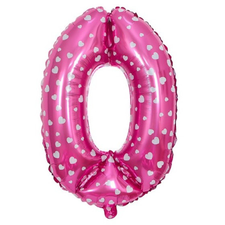 Balon din Folie Metalizata Cyrax, Figurina Cifra, Imprimeu Inimi, Tema Aniversare 80 cm, Ambalaj Individual, Pai inclus, Umflare cu Aer sau Heliu, Roz, Cifra 0