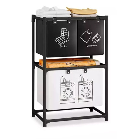 Cos de Rufe,  cu 2 Etaje,  3 Cosuri, Cadru de Otel Inoxidabil, 97x28x57 cm, Negru