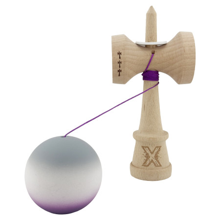 Kendama X Originala, Profesionala, Cyrax, Rubber Grip, Cupe Mari KING SIZE V3, Gaura in Baza, Rulment Metalic, din lemn 18 cm, Ata 62/65 cm, Gradient Gri/Alb/Mov