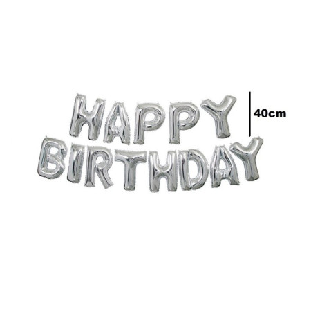 Set 13 Baloane Folie, Cyrax, Tip Ghirlanda, Model Happy Birthday, 40 cm, Argintiu