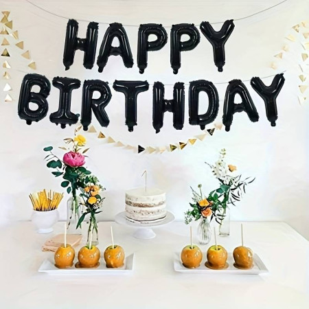 Set 25 de Baloane din Folie Metalizata si Latex, Cyrax, Figurine 2 Stele, 4 Baloane Confetti, 13 Litere, 6 Latex, Model Happy Birthday, Tema Aniversare, 40 cm, Ambalaj Individual, Pai Inclus, Umflare cu Aer sau Heliu, Negru