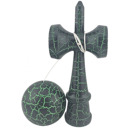 Kendama X Originala, Profesionala, Cyrax, Kendama Cracked, din Lemn – 18 cm, Crack Negru/Verde
