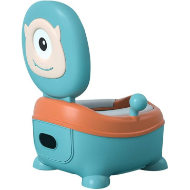 Olita pentru Copii, Cyrax, +6 luni, Compartiment Detasabil, cu Capac, Antiderapanta, din Plastic, Colac Moale, Model Animat Ciclop, cu Maner, 33 x 21 x 45 cm, Albastru/Portocaliu