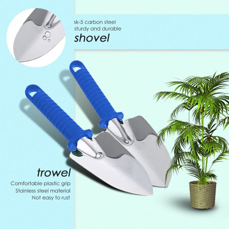 Set 10 Unelte de Gradina,  pentru Plantare Prelucrare Sol si Ingrijire Plante, Manere Albastre, Material PVC si Otel Inoxidabil, Cutie Inclusa, 37x28x7 cm, Negru