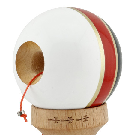 Kendama X ROYAL SPIKE Originala, Profesionala, Cyrax, Big Cups V2, Super Sticky cu Cupe Mari, Rulment Metalic, din lemn 18 cm, Ata 55 cm, Negru/Rosu Gold/Alb