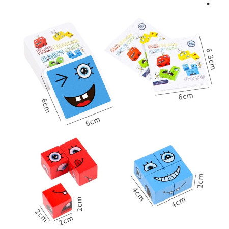 Jucarie pentru copii montessori Cyrax, cub din lemn, asamblare fete, 64 de carti distractive, pentru baieti si fete, varsta +3 ani, educativ, multicolor