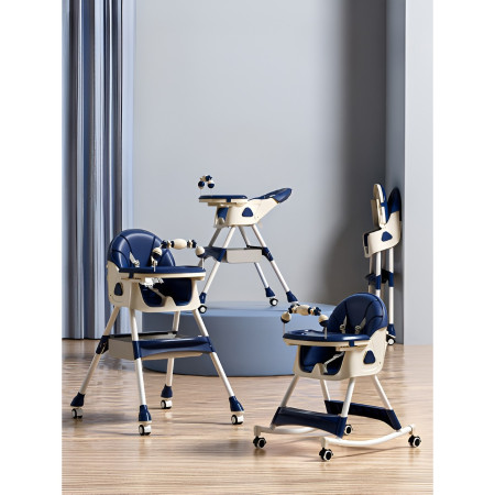 Scaun de Masa pe Roti pentru Copii, Cyrax, 2 Tavite si Husa Detasabile, Multifuncțional, Stabil, Centura de Siguranta, Spatar Reglabil Moale, Balansoar, Cos de Depozitare, de la 6 Luni, Albastru