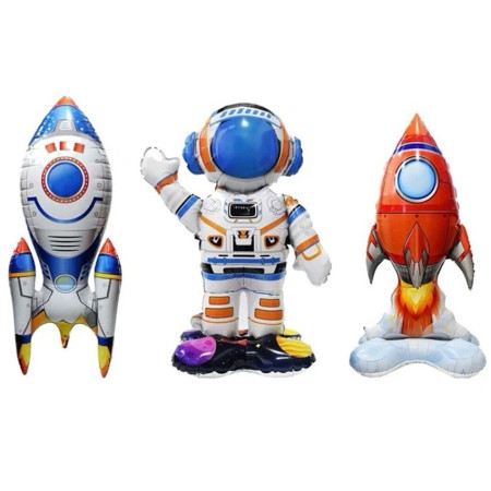 Baloane din Folie Metalizata, Cyrax, set 3 Baloane pentru Baieti, Model Astronaut 49 x 69 cm, Racheta Alba 31 x 61 cm, Racheta Rosie 36 x 69 cm, Pai din carton inclus, Multicolor