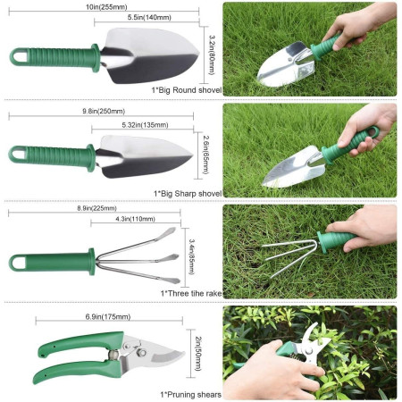 Set 10 Unelte de Gradina,  pentru Plantare Prelucrare Sol si Ingrijire Plante, Manere Verzi, Material PVC si Otel Inoxidabil, Cutie Inclusa, 37x28x7 cm, Negru