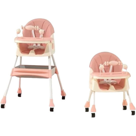 Scaun de Masa 2in1, Cyrax, pentru Copii de la 6 luni - 5 Ani, Inaltime Reglabila, Centura in 5 Puncte, Tava de Masa, Roti cu Frana, Cos Depozitare, Jucarie Inclusa, 94 x 78 x 60 cm, Roz
