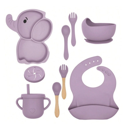 Set 10 Piese Servire Masa. Cyrax, pentru Bebelusi si Copii, din Silicon/Lemn, cu Ventuze Anti-alunecare, fara Alergeni. +6 Luni, Model Elefant, Mov