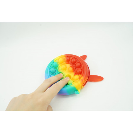 Jucarie antistres din silicon Cyrax, Pop it Now and Flip It ,Mini Geanta, Iepuras, 6 cm, Curcubeu