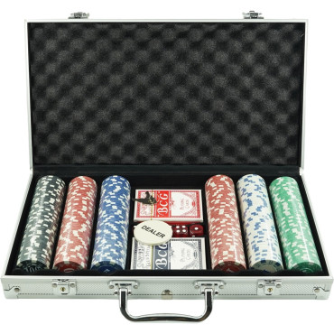 Set de Poker Complex cu 300 de jetoane Cyrax, Include 2 seturi de carti, 5 zaruri, Echipat cu servieta de aluminiu cu dimensiunile 39x7x27 cm