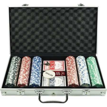Set de Poker Complex cu 300 de jetoane Cyrax, Include 2 seturi de carti, 5 zaruri, Echipat cu servieta de aluminiu cu dimensiunile 39x7x27 cm