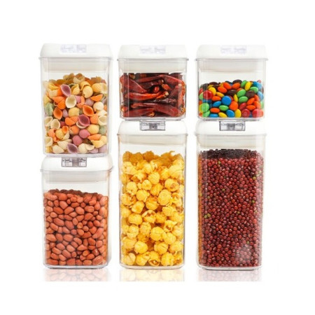 Set 6 Recipiente din Plastic, Cyrax, pentru Alimente/Obiecte, Inchidere Ermetica, 2 x 0.5l, 2 x 0.8l, 2 x 1.2l, Capac Alb, Transparent