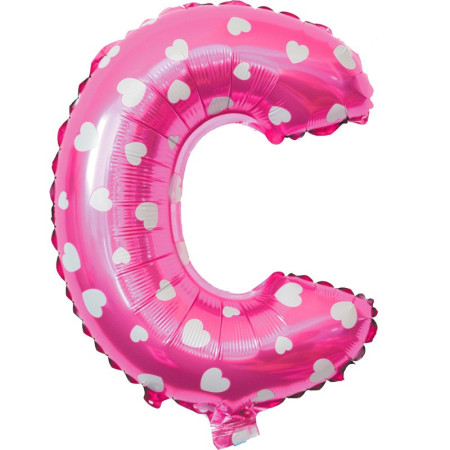 Balon Folie Metalizata Litera C, Cyrax, 40 cm, Cu Imprimeu Inimioare, Umflati cu Heliu sau Aer, Ambalaj Individual, Pai inclus, Roz