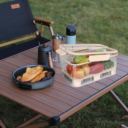 Cutie pentru Depozitare Alimente, Cyrax, de Uz Casnic, 2 Compartimente, Zona pentru Gheata, Mentinere Fresh, cu Maner, Material PET, 23x15x10.8 cm, Bej