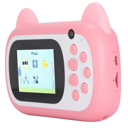 Camera Instantanee pentru Copii, Cyrax, Camera Frontala + Selfie, cu Functie de Printare, Cablu USB-C, Bluetooth, Compatibil iOS/Android, Imprimare APP, Model Pisica Smiley Face, Roz