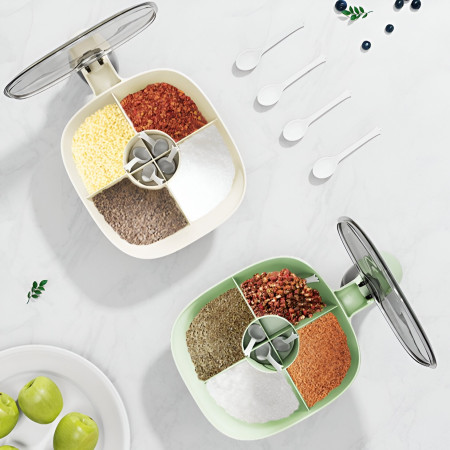 Cutie de Depozitare a Condimentelor, Cyrax, de Uz Casnic, cu Maner Stabil, cu Capac, 4 Compartimente Principale, 21 x 14 x 10 cm, Crem